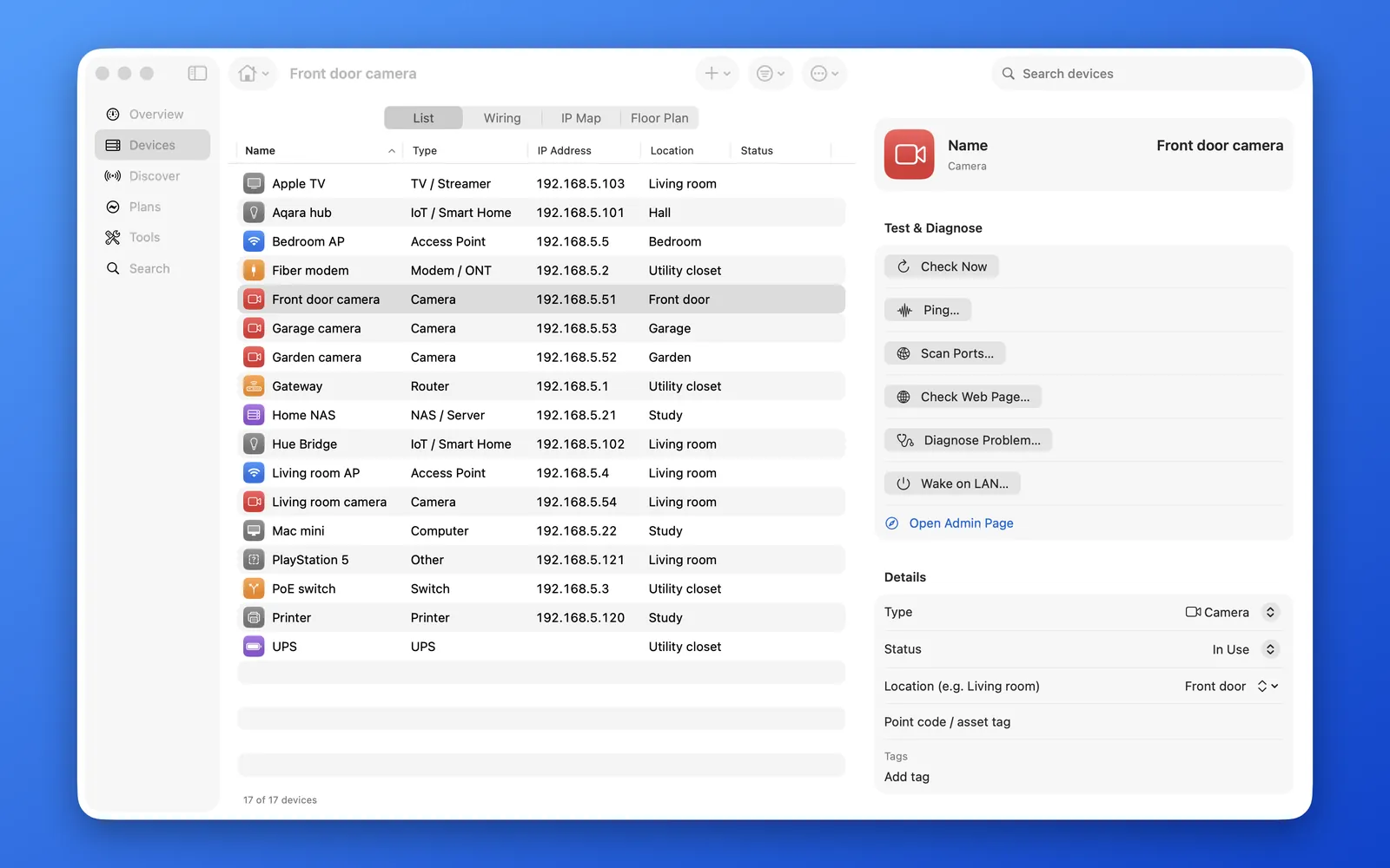 HomeNet on Mac: the device list, with a camera selected and its details on the right
