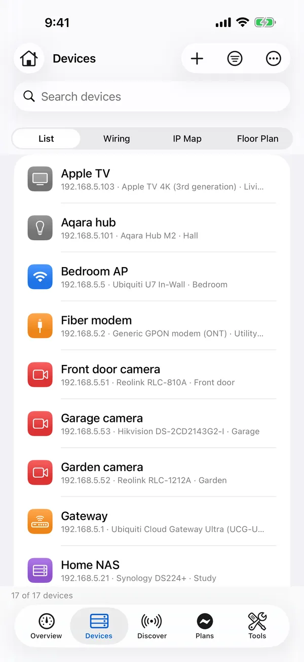 HomeNet on iPhone: the device list