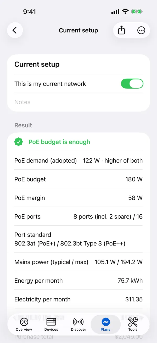 HomeNet on iPhone: a power plan where the PoE budget is enough