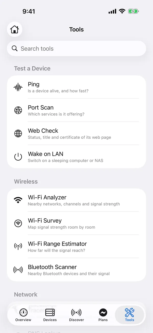 HomeNet on iPhone: the list of network tools