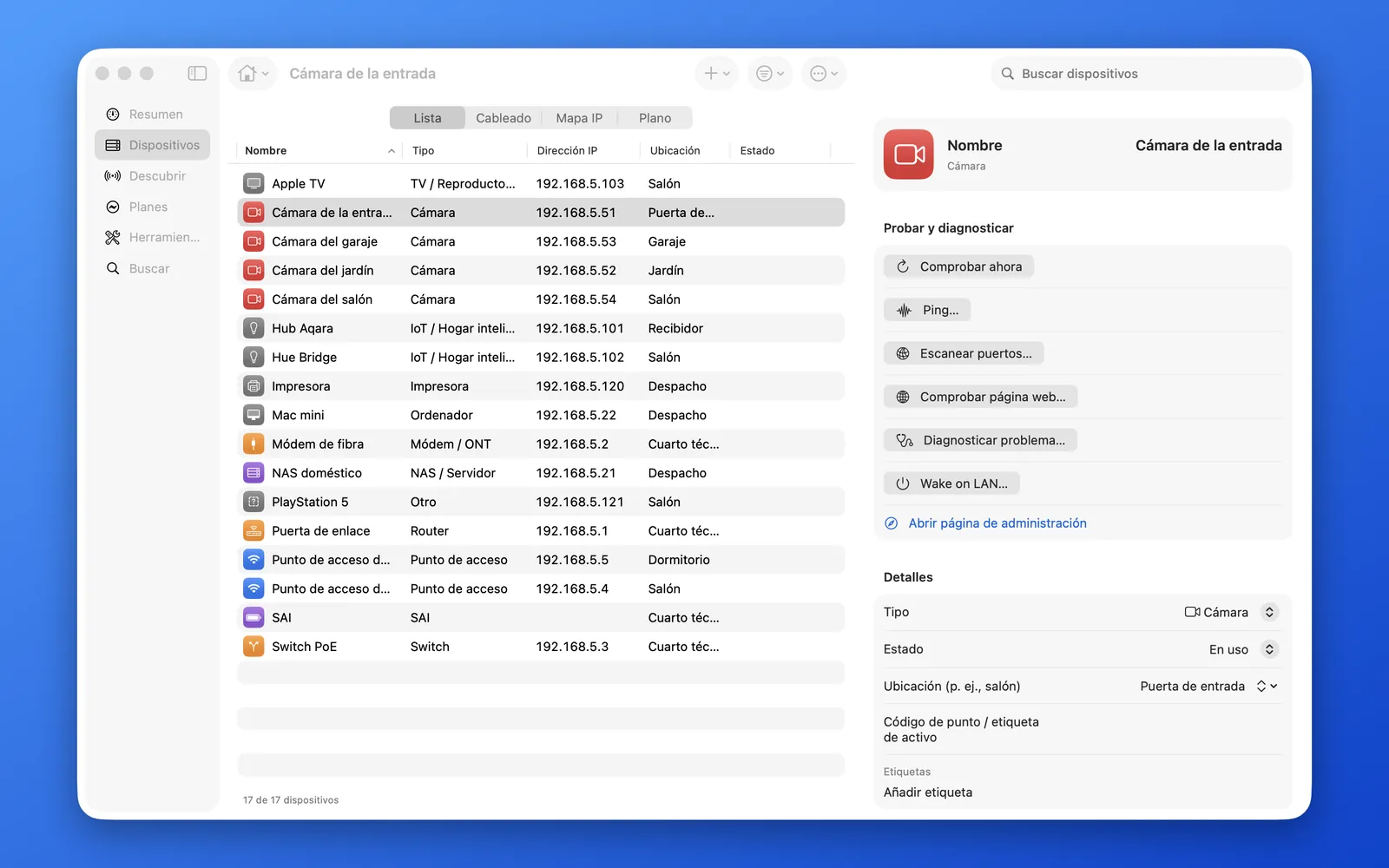 HomeNet en Mac: la lista de dispositivos, con una cámara seleccionada y sus detalles a la derecha