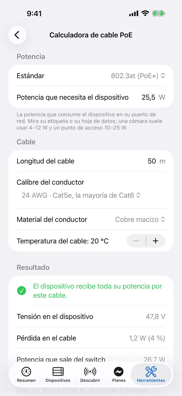 HomeNet en iPhone: la calculadora de cable PoE
