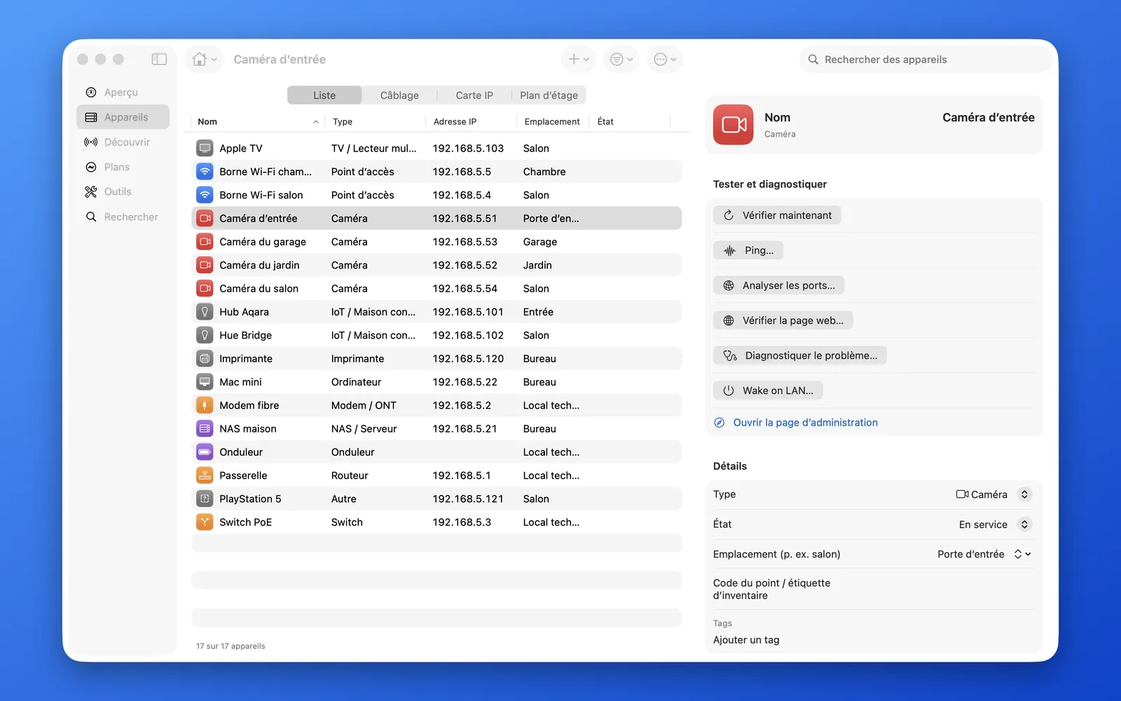 HomeNet sur Mac : la liste des appareils, avec une caméra sélectionnée et ses détails à droite