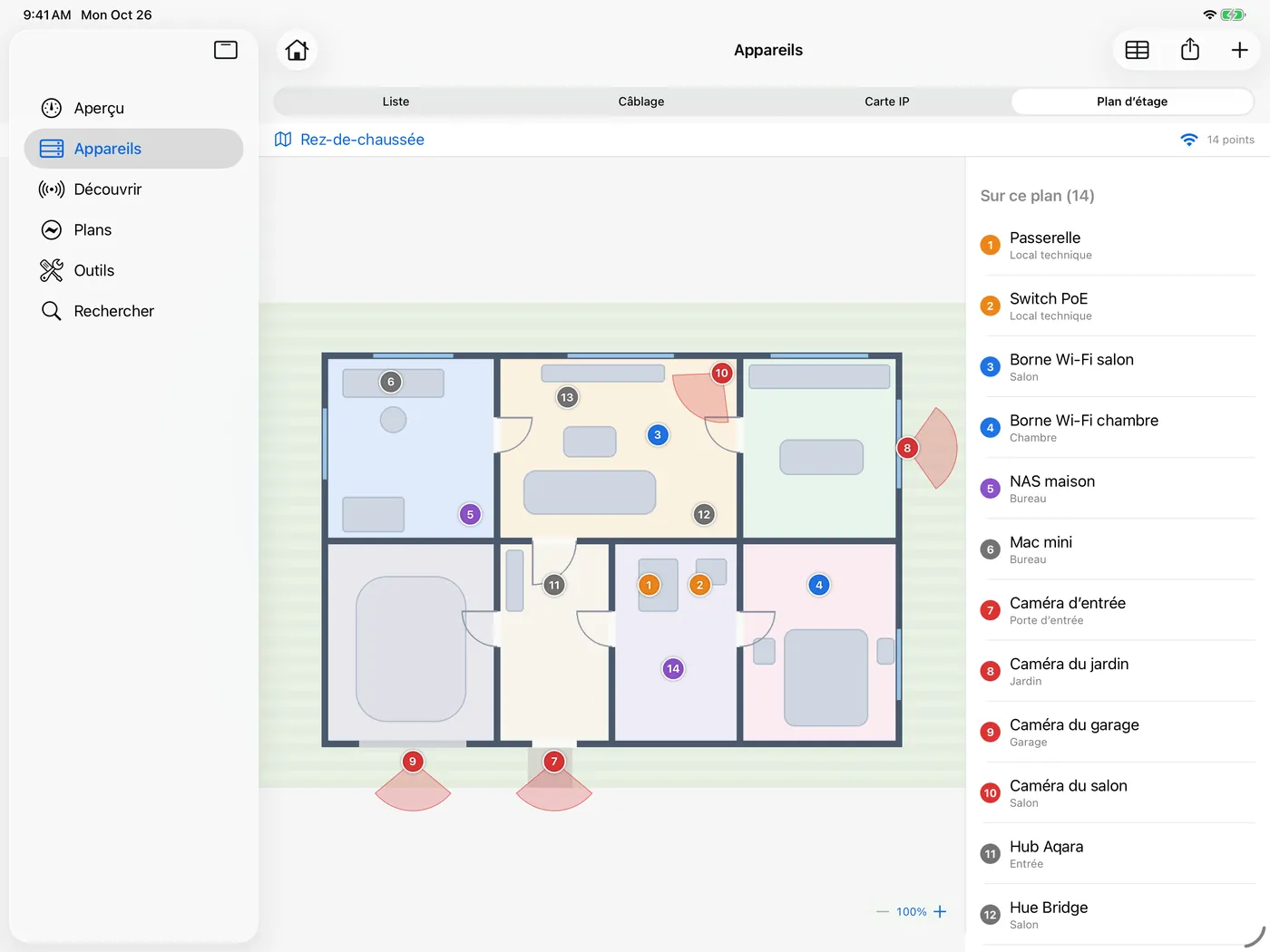 HomeNet sur iPad : un plan d’étage avec des épingles indiquant où se trouve chaque appareil