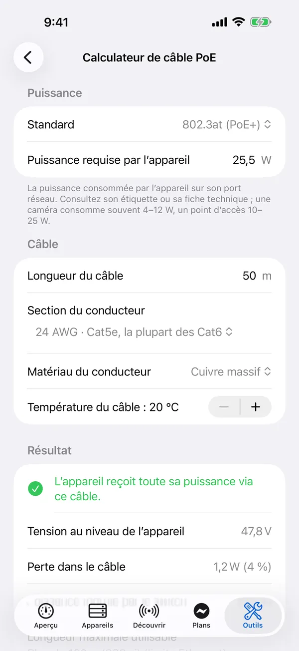 HomeNet sur iPhone : le calculateur de câble PoE