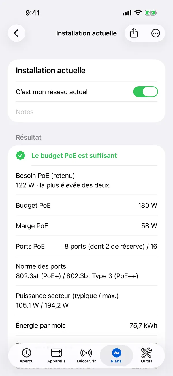 HomeNet sur iPhone : un plan d’alimentation dont le budget PoE est suffisant