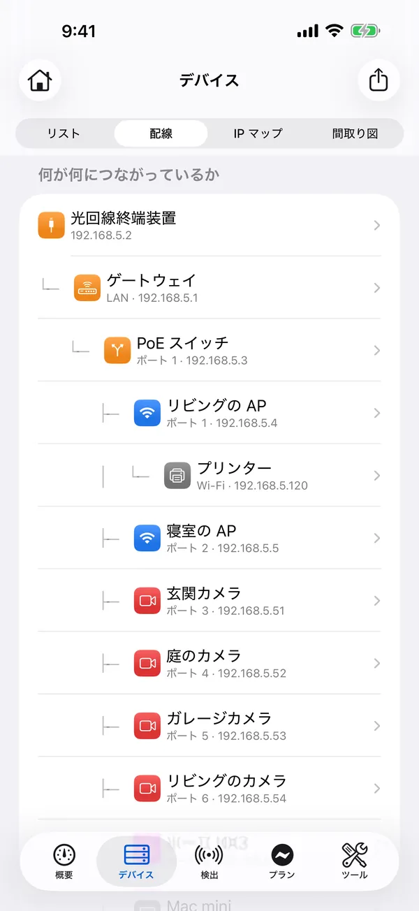 iPhone 版 HomeNet：何がどこにつながっているかを示す配線ビュー