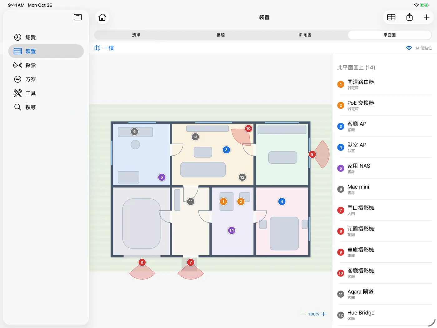 iPad 上的 HomeNet：平面圖，大頭針標出每台裝置的位置